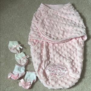 Pink Minky Swaddle Sack with Matching Bow Socks